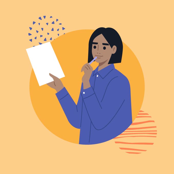 Illustration of a person looking contemplatively at a piece of paper